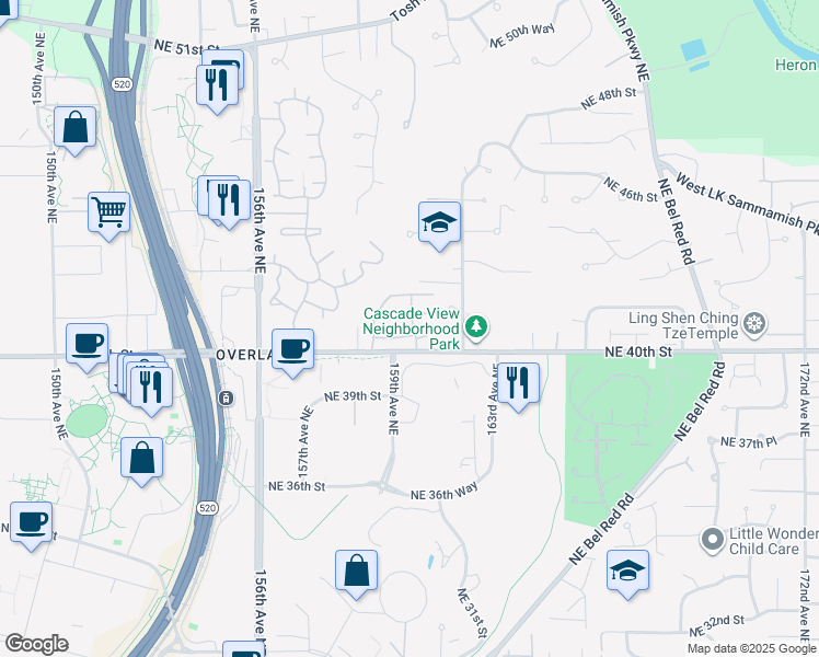 map of restaurants, bars, coffee shops, grocery stores, and more near 15929 Northeast 41st Street in Redmond
