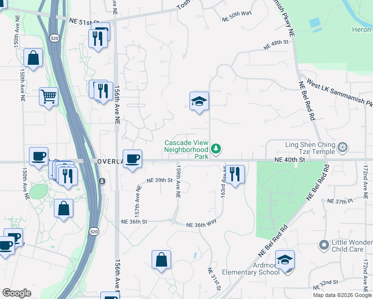 map of restaurants, bars, coffee shops, grocery stores, and more near 15929 Northeast 41st Street in Redmond