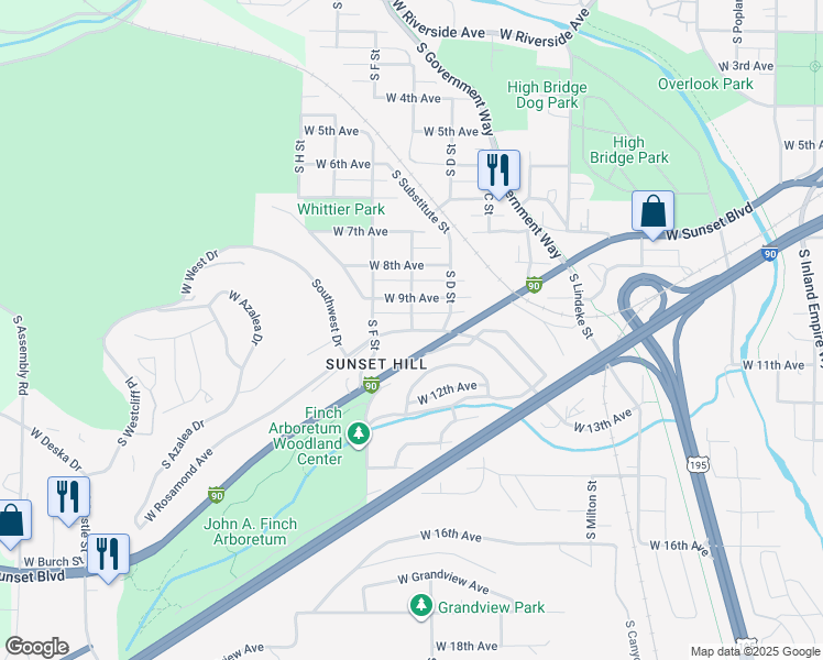 map of restaurants, bars, coffee shops, grocery stores, and more near 1104 South E Street in Spokane
