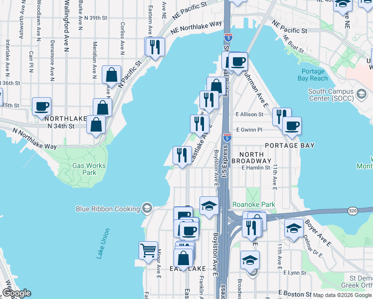 map of restaurants, bars, coffee shops, grocery stores, and more near 2834 Fairview Avenue East in Seattle