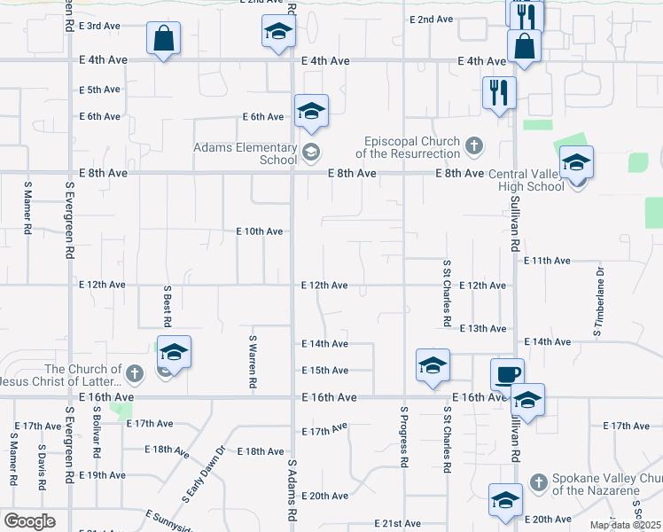 map of restaurants, bars, coffee shops, grocery stores, and more near 14816 East 12th Avenue in Spokane Valley