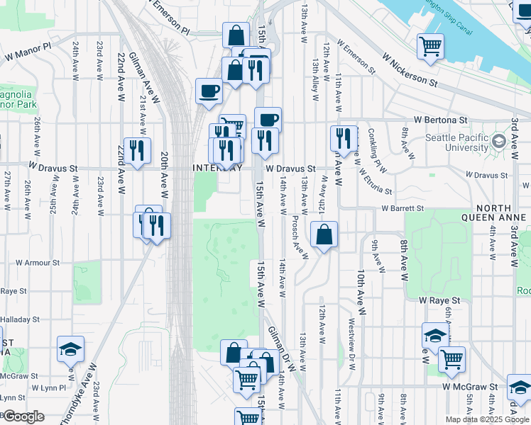 map of restaurants, bars, coffee shops, grocery stores, and more near 3000 15th Avenue West in Seattle