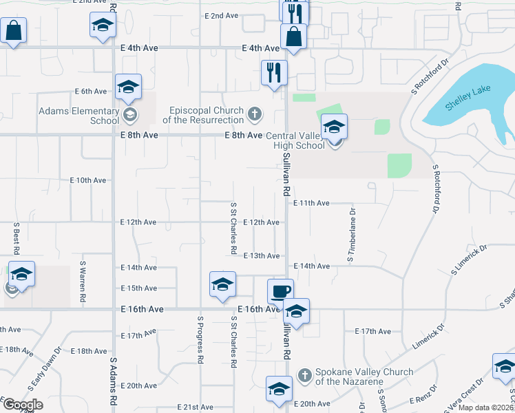 map of restaurants, bars, coffee shops, grocery stores, and more near 1205 South Newer Road in Spokane Valley