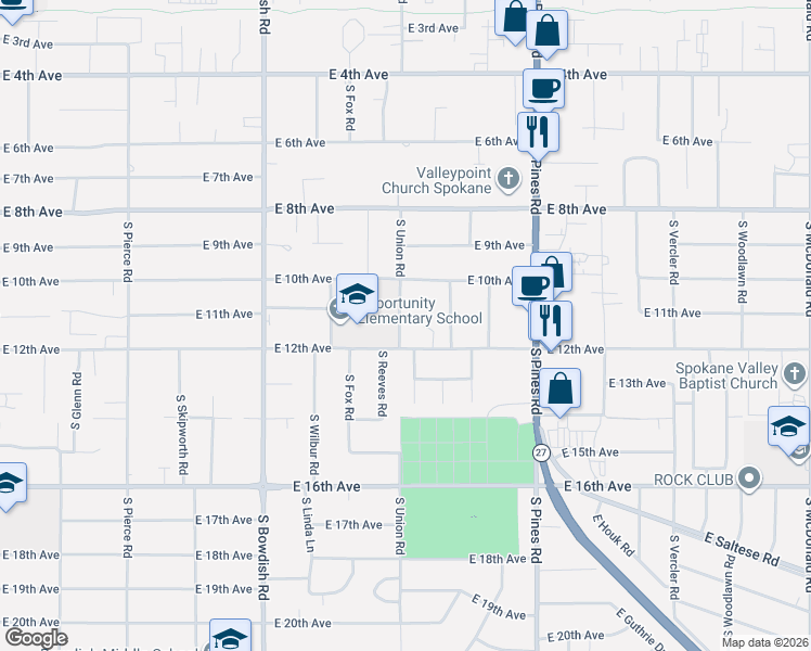 map of restaurants, bars, coffee shops, grocery stores, and more near 1205 South Perrine Road in Spokane Valley