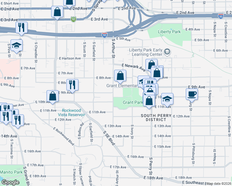 map of restaurants, bars, coffee shops, grocery stores, and more near 1016 East 10th Avenue in Spokane