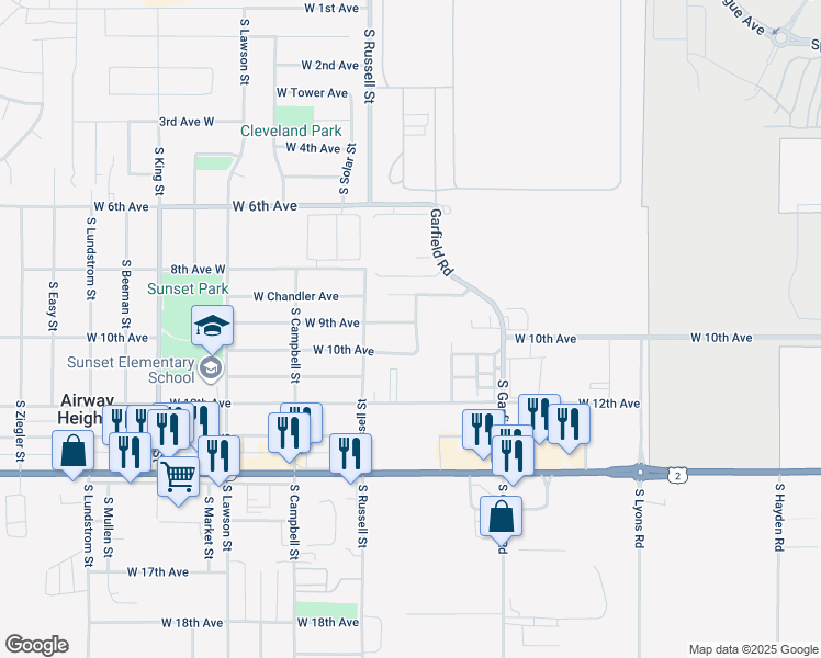 map of restaurants, bars, coffee shops, grocery stores, and more near 12209 West 10th Avenue in Airway Heights