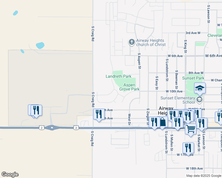 map of restaurants, bars, coffee shops, grocery stores, and more near 13727 West Bergen Drive in Airway Heights