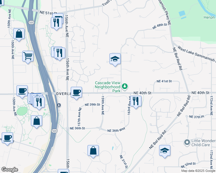 map of restaurants, bars, coffee shops, grocery stores, and more near 15907 Northeast 40th Way in Redmond