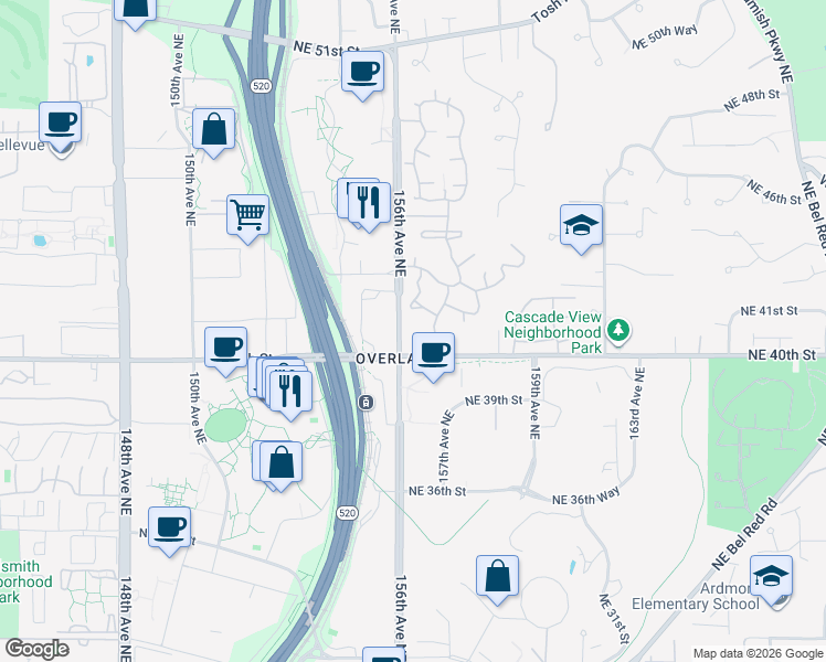 map of restaurants, bars, coffee shops, grocery stores, and more near in Redmond
