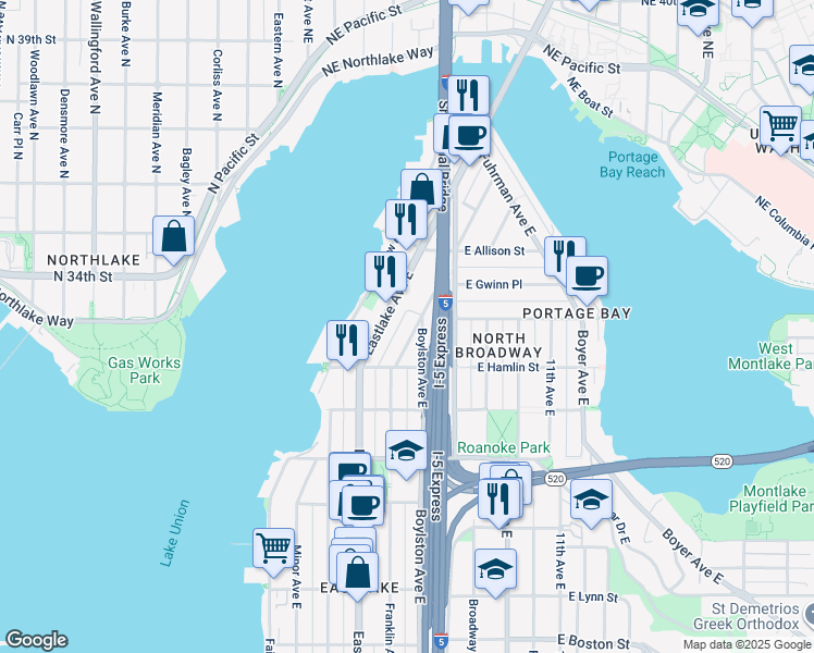 map of restaurants, bars, coffee shops, grocery stores, and more near 2803 Boylston Avenue East in Seattle