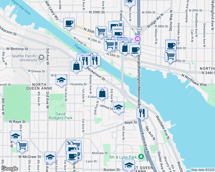 map of restaurants, bars, coffee shops, grocery stores, and more near 2908 Mayfair Avenue North in Seattle