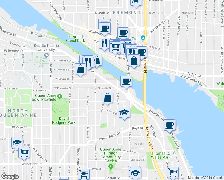 map of restaurants, bars, coffee shops, grocery stores, and more near 2908 Mayfair Avenue North in Seattle