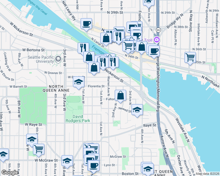 map of restaurants, bars, coffee shops, grocery stores, and more near 2911 Warren Avenue North in Seattle