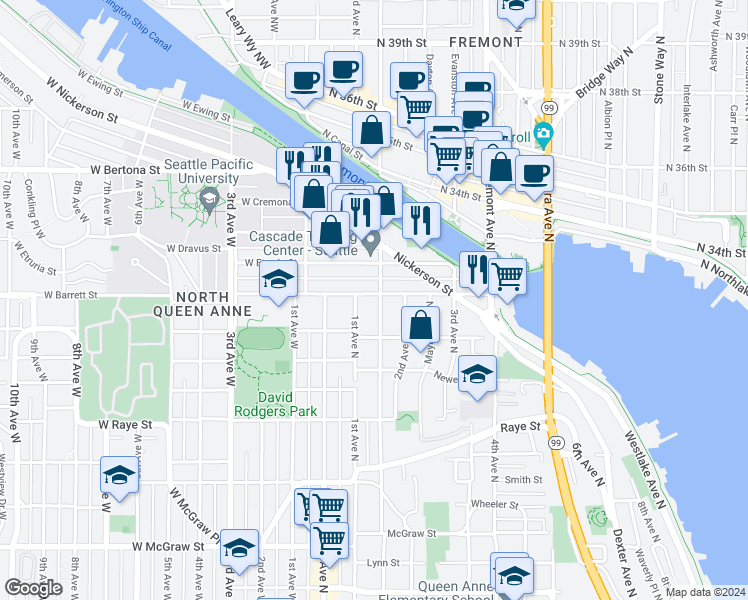 map of restaurants, bars, coffee shops, grocery stores, and more near 2911 Warren Avenue North in Seattle