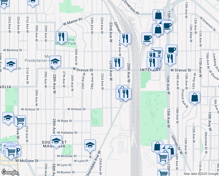 map of restaurants, bars, coffee shops, grocery stores, and more near 2843-1/2 22nd Avenue West in Seattle