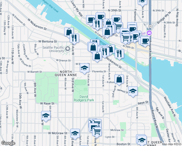 map of restaurants, bars, coffee shops, grocery stores, and more near 22 West Fulton Street in Seattle