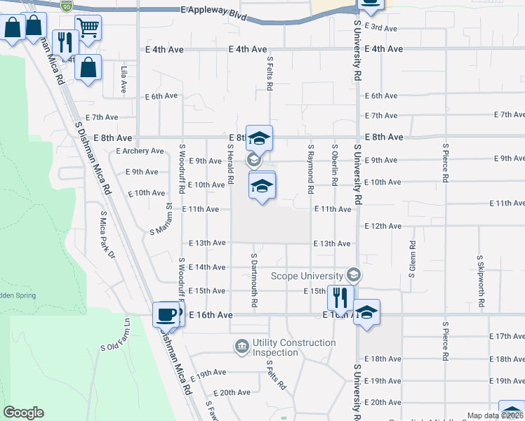 map of restaurants, bars, coffee shops, grocery stores, and more near 10201-10399 E 13th Ave in Spokane