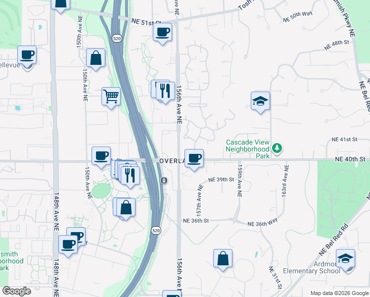 map of restaurants, bars, coffee shops, grocery stores, and more near 15602 Northeast 40th Street in Redmond