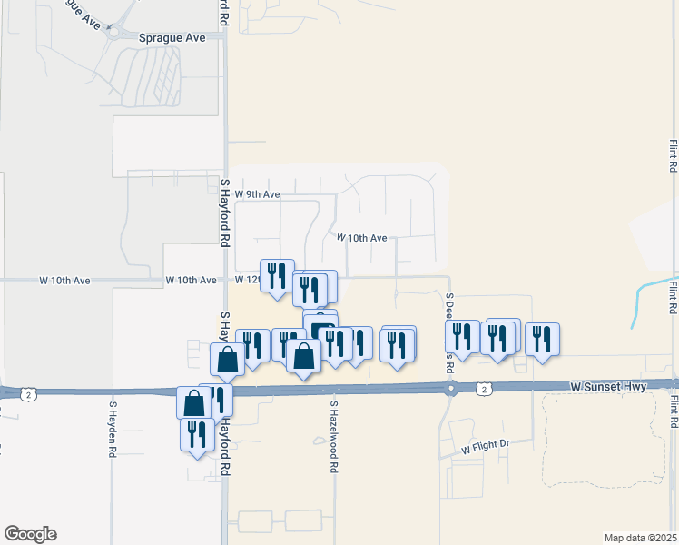map of restaurants, bars, coffee shops, grocery stores, and more near 1122 South Hazelwood Road in Spokane