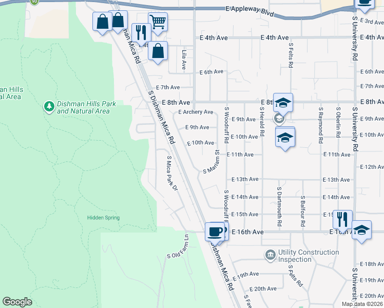 map of restaurants, bars, coffee shops, grocery stores, and more near 9619 East 10th Avenue in Spokane Valley