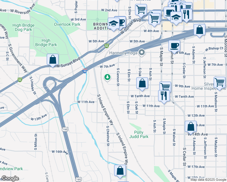 map of restaurants, bars, coffee shops, grocery stores, and more near 2024 West 9th Avenue in Spokane