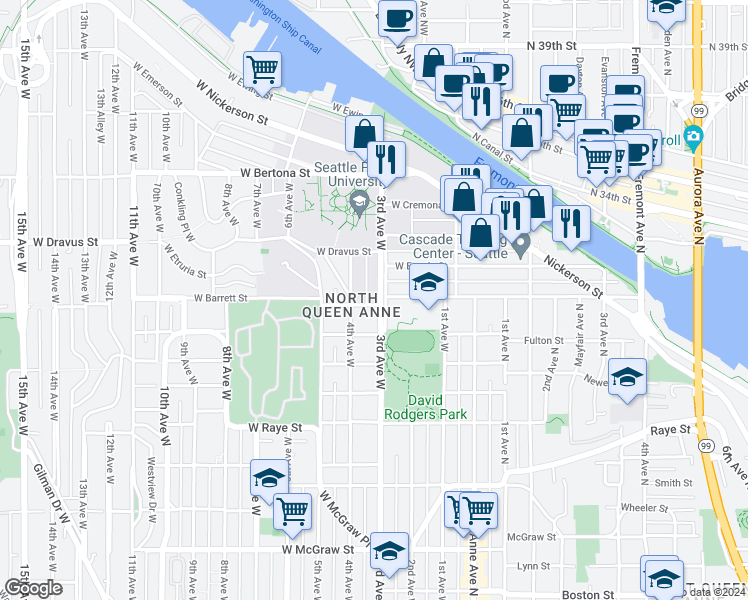map of restaurants, bars, coffee shops, grocery stores, and more near 3031 3rd Avenue West in Seattle