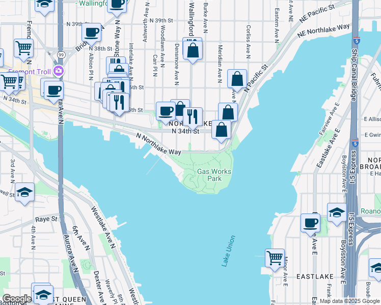 map of restaurants, bars, coffee shops, grocery stores, and more near 2157 North Northlake Way in Seattle