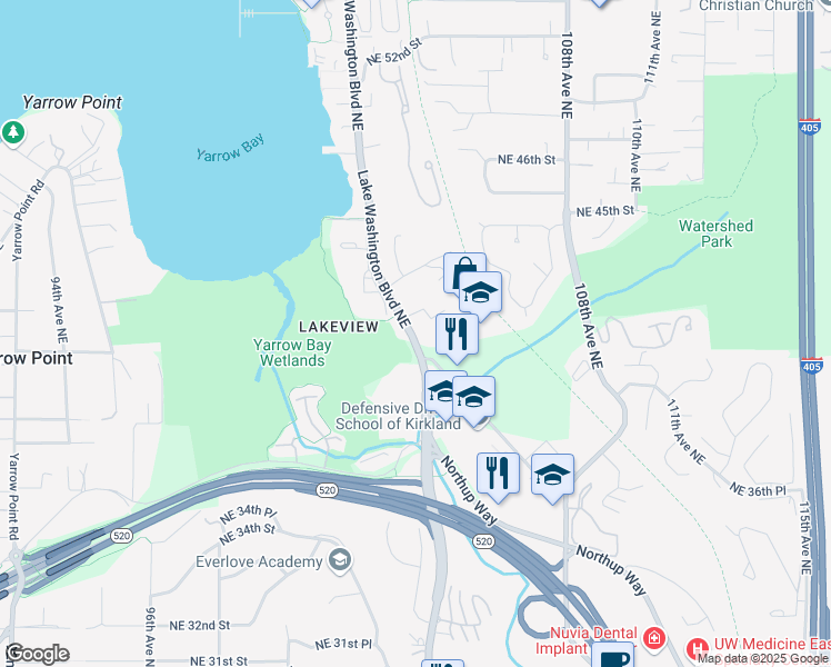 map of restaurants, bars, coffee shops, grocery stores, and more near 4020 Lake Washington Boulevard Northeast in Kirkland