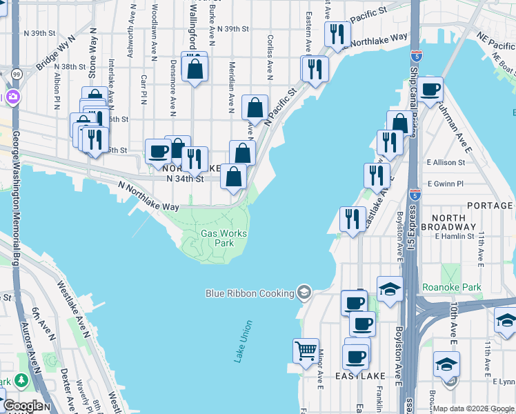 map of restaurants, bars, coffee shops, grocery stores, and more near 2143 North Northlake Way in Seattle