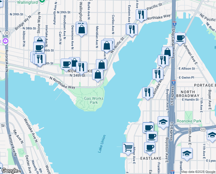 map of restaurants, bars, coffee shops, grocery stores, and more near 2143 North Northlake Way in Seattle