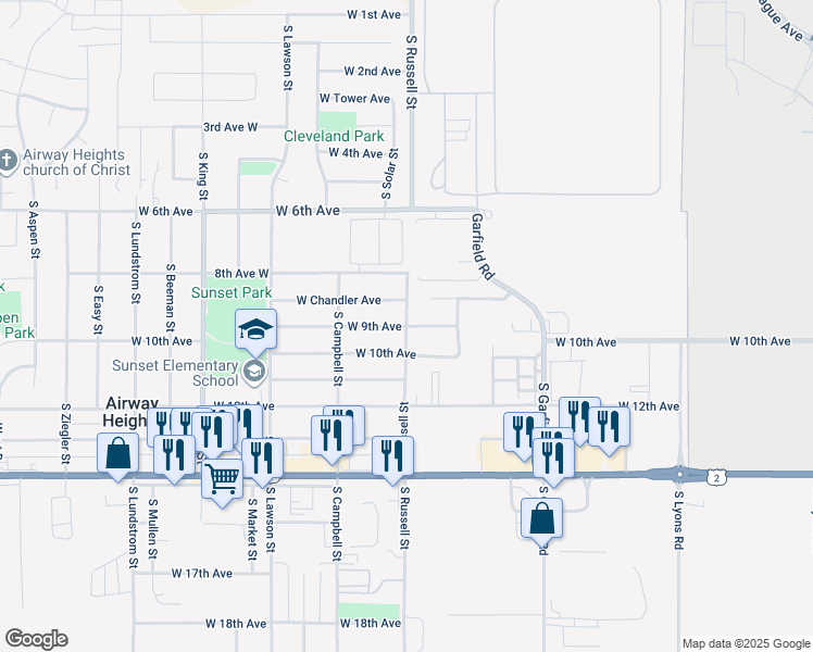 map of restaurants, bars, coffee shops, grocery stores, and more near 12318 West 9th Avenue in Airway Heights