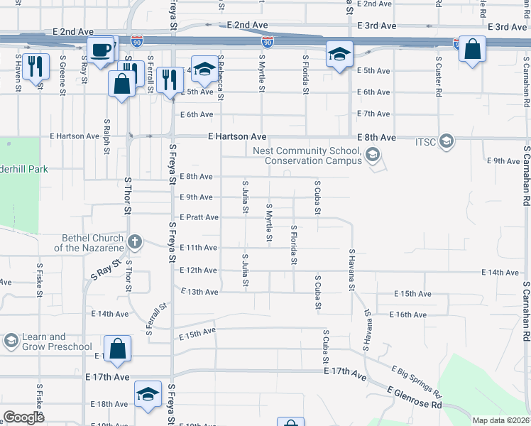 map of restaurants, bars, coffee shops, grocery stores, and more near 3916 East 9th Avenue in Spokane