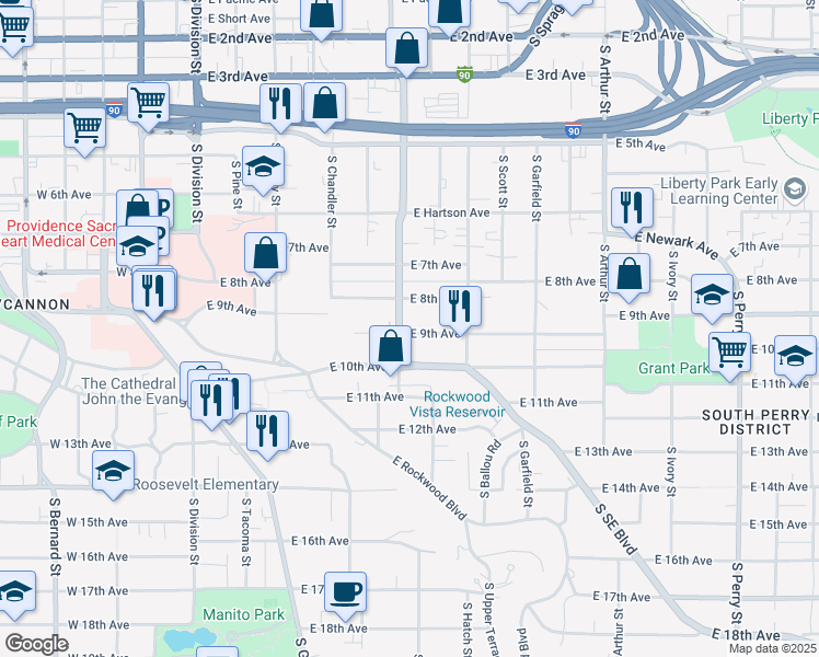map of restaurants, bars, coffee shops, grocery stores, and more near 426 East 8th Avenue in Spokane