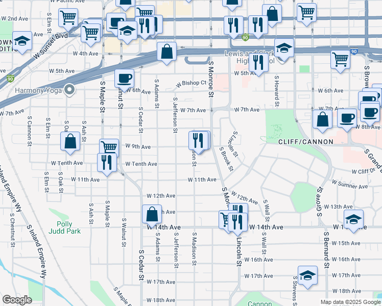 map of restaurants, bars, coffee shops, grocery stores, and more near 1022 West 9th Avenue in Spokane