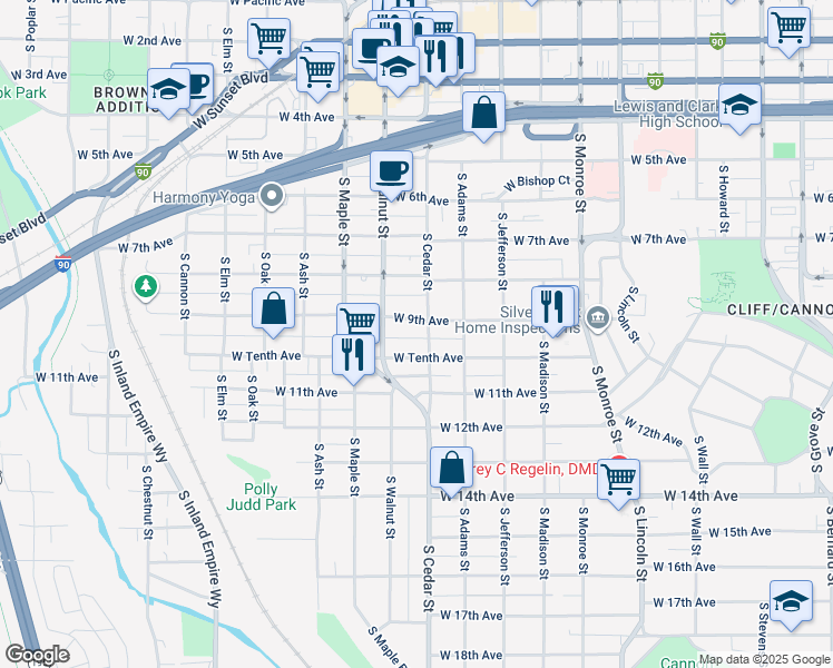 map of restaurants, bars, coffee shops, grocery stores, and more near 1422 West 9th Avenue in Spokane