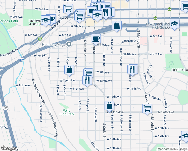 map of restaurants, bars, coffee shops, grocery stores, and more near 1422 West 9th Avenue in Spokane