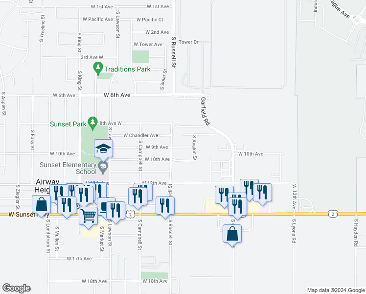 map of restaurants, bars, coffee shops, grocery stores, and more near 821 South Russell Street in Airway Heights