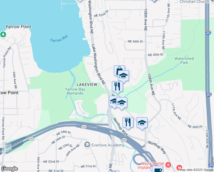 map of restaurants, bars, coffee shops, grocery stores, and more near 4120 Lake Washington Boulevard Northeast in Kirkland