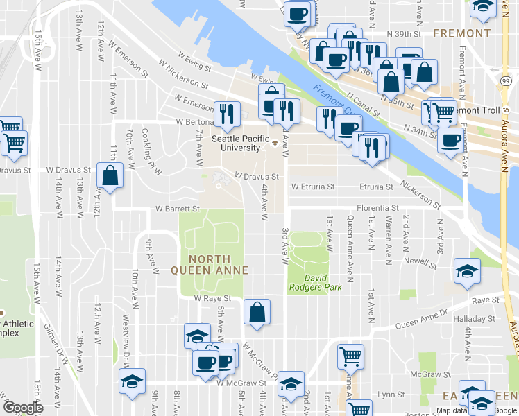 map of restaurants, bars, coffee shops, grocery stores, and more near 3027 4th Avenue West in Seattle