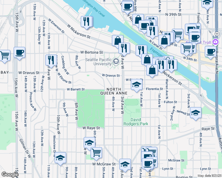 map of restaurants, bars, coffee shops, grocery stores, and more near 3027 4th Avenue West in Seattle