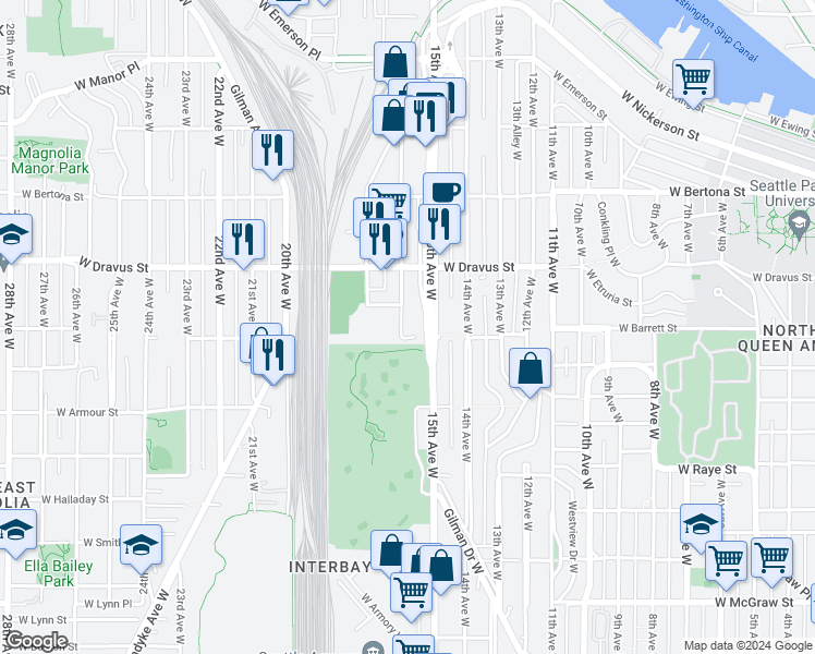 map of restaurants, bars, coffee shops, grocery stores, and more near 3036 16th Avenue West in Seattle