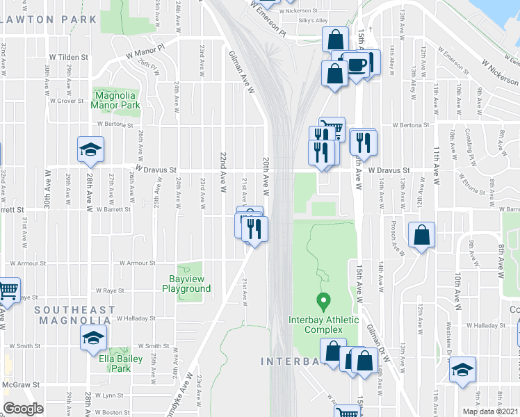 map of restaurants, bars, coffee shops, grocery stores, and more near 3031 20th Avenue West in Seattle