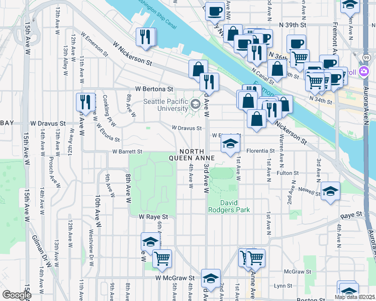 map of restaurants, bars, coffee shops, grocery stores, and more near 3027 4th Avenue West in Seattle