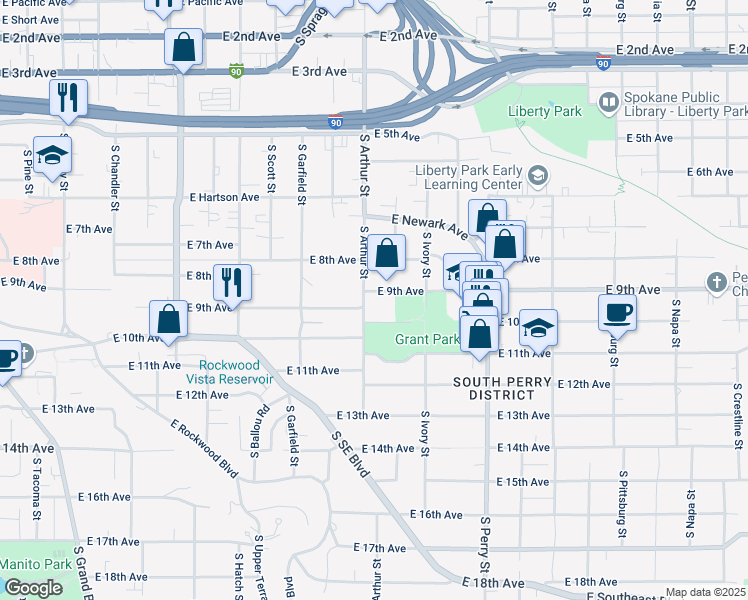 map of restaurants, bars, coffee shops, grocery stores, and more near 1013 East 9th Avenue in Spokane