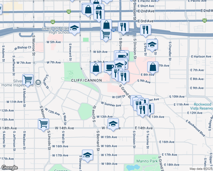 map of restaurants, bars, coffee shops, grocery stores, and more near 820 South McClellan Street in Spokane