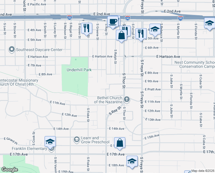 map of restaurants, bars, coffee shops, grocery stores, and more near 824 South Ray Street in Spokane