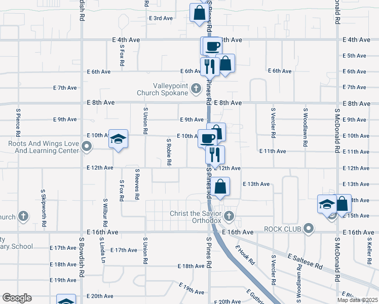 map of restaurants, bars, coffee shops, grocery stores, and more near 1005 South Whipple Road in Spokane Valley