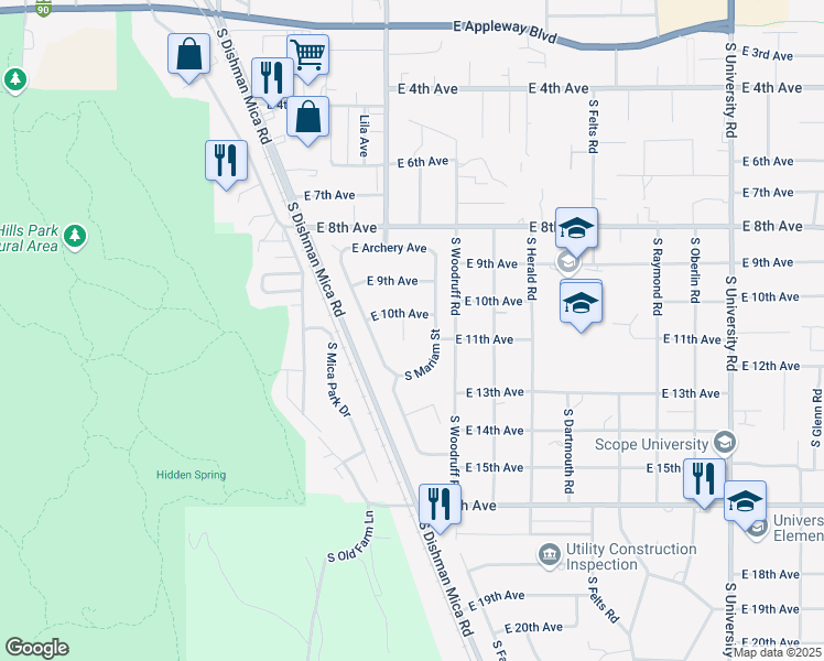 map of restaurants, bars, coffee shops, grocery stores, and more near 9619 East 10th Avenue in Spokane Valley