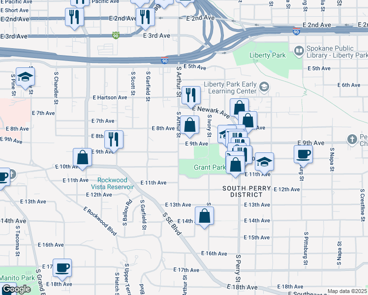 map of restaurants, bars, coffee shops, grocery stores, and more near 1013 East 9th Avenue in Spokane