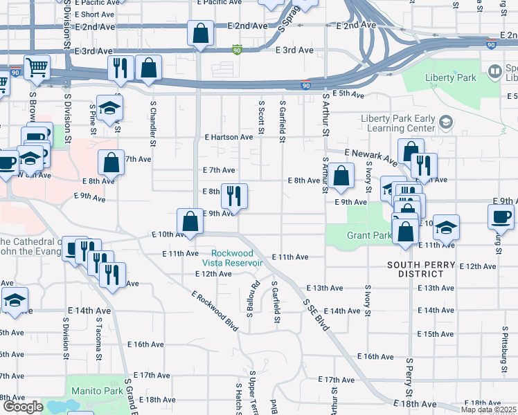 map of restaurants, bars, coffee shops, grocery stores, and more near 840 South Garfield Street in Spokane